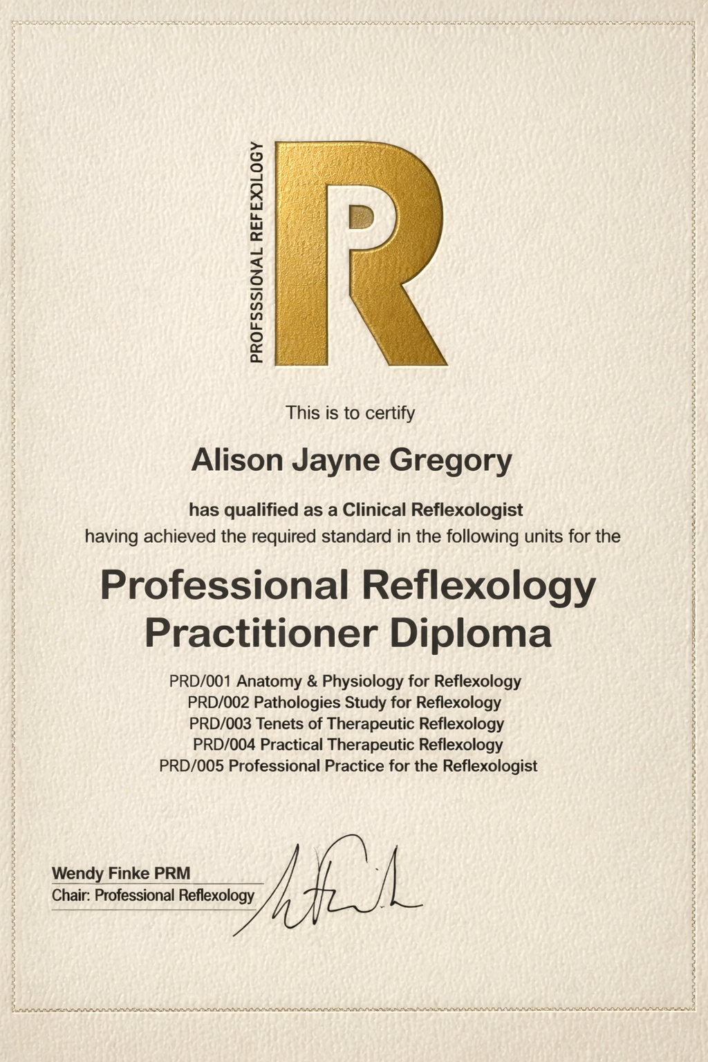 Reflexology Diploma certificate for Alison Gregory